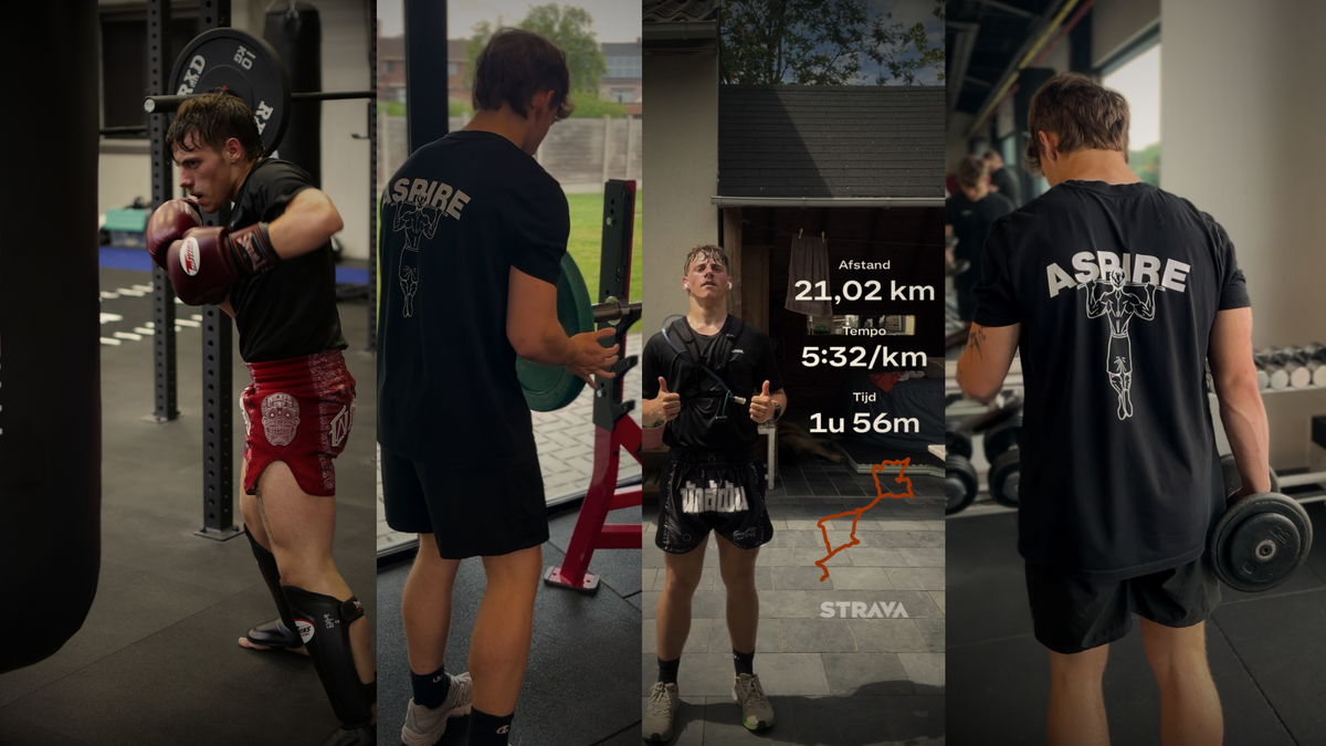 Four-panel collage of one athlete training in ASPIRE. gear: Muay Thai at a heavy bag, loading a barbell, after a 21 km run (Strava: 1h56m at 5:32/km), and lifting a dumbbell in the black ASPIRE pull-up print T-shirt.